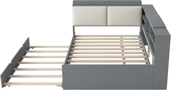 Ball & Cast Full Size Wooden Storage Daybed Frame, Modern Platform Bed with Trundle & Flip Headboard & Shelves, L Shaped Full Floor-Bed w/Upholstered Headboard&Storage, No Box Spring Needed, Gray