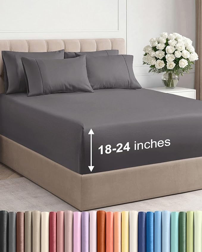 Extra Deep King Sheet Set - 6 Piece Breathable and Cooling Sheets - Hotel Luxury Bed Sheets Set - Easy & Secure Fit - Soft, Wrinkle Free and Comfy Sheets Set - Grey Sheet Set with Extra Deep Pockets