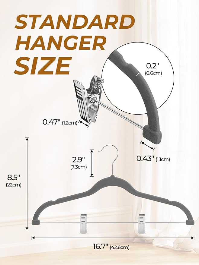 HOUSE DAY Velvet Skirt Hangers 24 Pack, Gray Hangers with Adjustable Clips, Space Saving Slim Velvet Pant Hanger, Heavy Duty Non Slip Clip Hanger for Pants, Skirts, Shorts