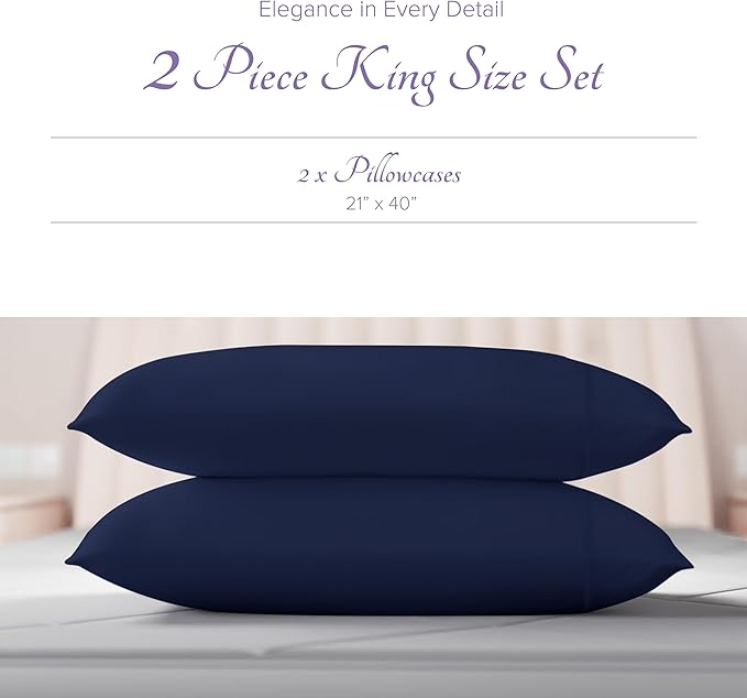 Carressa Linen 100% Egyptian Cotton King Size Pillow Cases Set of 2 - Luxury 600 Thread Count King Pillowcases (Navy Blue), Silky Soft, Cooling, Breathable Sateen Weave Hotel Quality Bed Pillow Cover