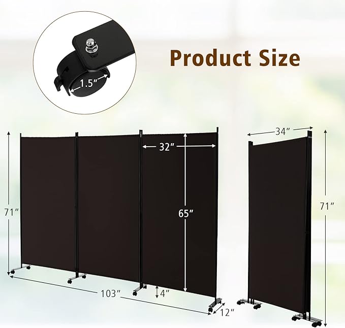 GOFLAME 3 Panel Folding Room Divider, 6FT Rolling Privacy Screen with Lockable Wheels, Portable Room Partition Screen, Freestanding Wall Divider and Separator for Home Office, Brown