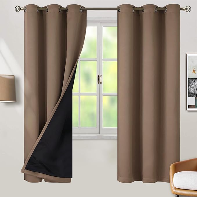 BGment Thermal Insulated 100% Blackout Curtains for Bedroom with Black Liner, Double Layer Full Room Darkening Noise Reducing Grommet Curtain (42 x 72 Inch, Taupe, 2 Panels)