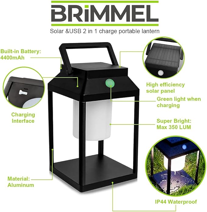 Solar Outdoor Lantern Aluminum LED Portable Rechargeable Table Lamp 35W 3000K Outdoor Nightstand Lamp IP44 Waterproof Cordless Touch Control USB Solar 2 in 1 Hand Light for Patio, Black