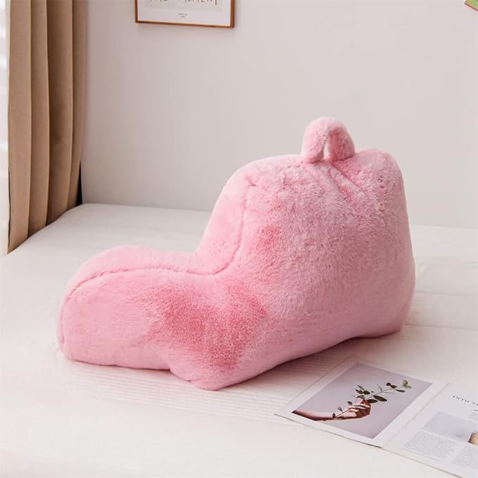 Holawakaka Large Faux Fur Bed Rest Pillow with Arms,Rabbit Fur Reading Pillows Perfect for Adults Men Women, Arm, Back, Pregnancy Lumbar & Head Neck Coccyx Lower Back Support Cushion (Pink)