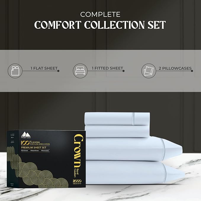 Mayfair Linen 100% Egyptian Cotton California King Sheets Set - 2000 Series Luxury Sheets Cal King Size Bed Set, Soft & Cooling, 17" Extra Deep Pocket Hotel Collection Sheet (4 PC, Light Blue)