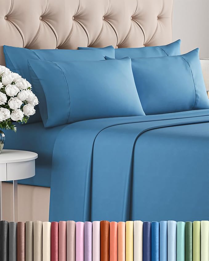 Cal King 6 Piece Sheet Set - Cooling & Breathable - Hotel Luxury Bedding, Includes Fitted Sheet for Women, Men, Kids and Teens - 1 Flat, 1 Fitted Sheet, 4 Pillowcases with Deep Pockets - Denim Blue