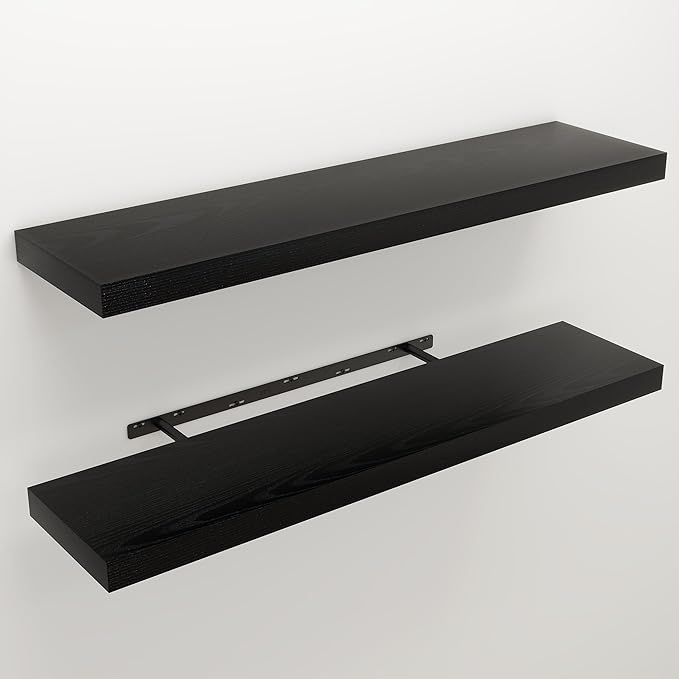 Floating Shelves for Wall, 9.3" Deep Wall Mounted Wood Shelves for Bathroom, Bedroom, Living Room, Kitchen, Hanging Shelf for Books/Storage/Room Decor (Black, 40")