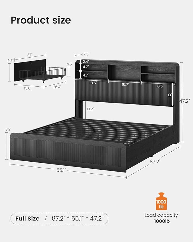 AOGLLATI Full Size Bed Frame with 4 Storage Drawers and Hidden Storage Headboard, Black Led Fluted Bed Frame Full Size with Charging Station and Curved Profile Design,No Box Spring Needed, Black