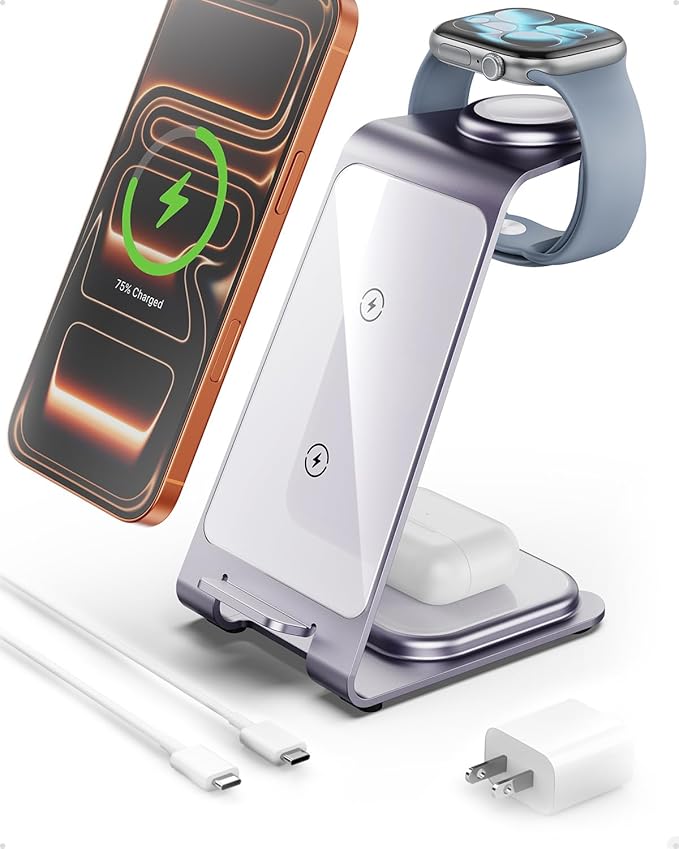 Intoval Aluminum 3 in 1 Wireless Charging Station for iPhone 17 16 15 14 13 12 11 Pro Max XR, Wireless Charger for Apple Watch 11 10 9 8 7 Ultra SE 3 2, Phone Charger for AirPods 4 Pro 2 3 (Lavender)