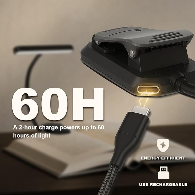 Rechargeable Book Lights for Reading at Night 25 LED - Eye Caring 15 Level Stepless Dimming, Extended 60Hrs Runtime, Lightweight Clip on Light, Gifts for Book Lovers, Black