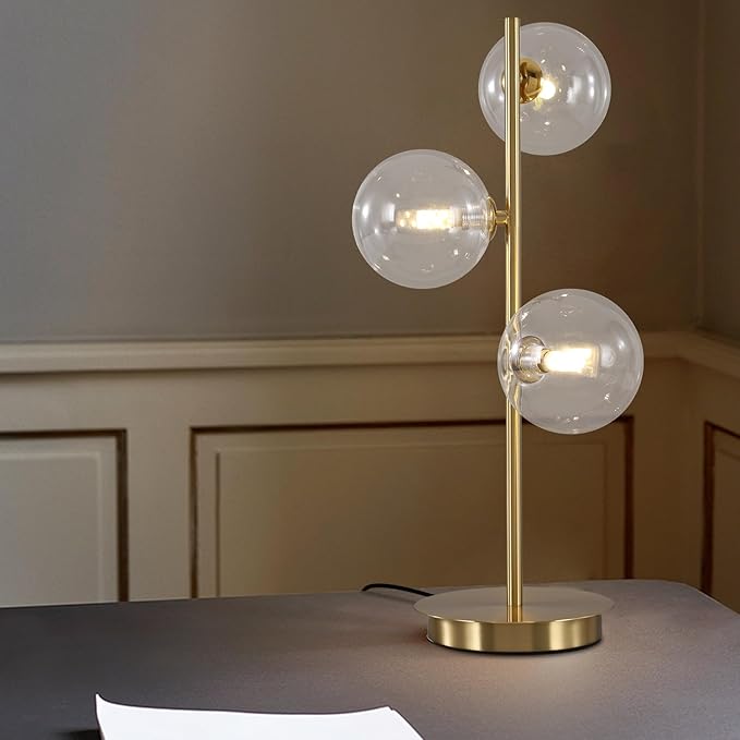 Glass Table lamp Gold,3-Globe Table lamp Tall,Reading Lamp for Bedroom Living Room Study Room