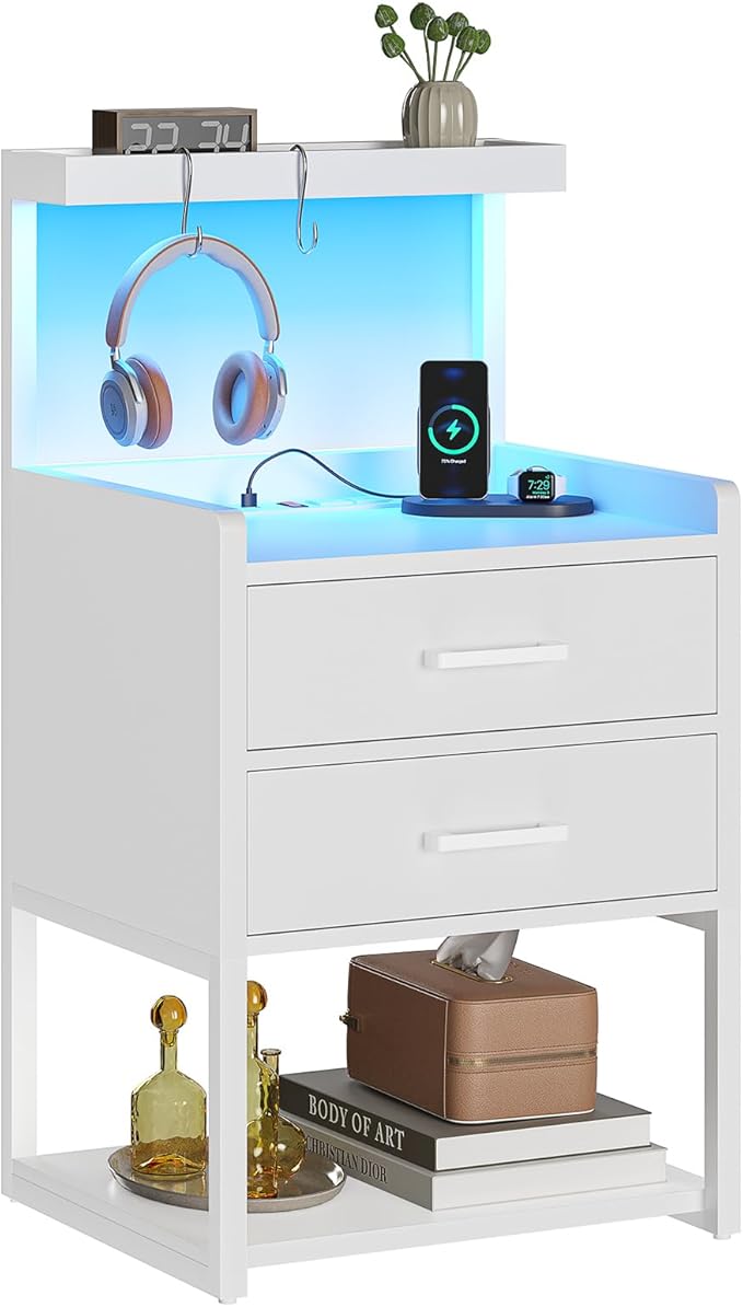 VIAGDO Nightstand with Charging Station and LED Lights, White Bedside Night Stands with 2 Drawers and Open Storage Shelves, Modern End Side Tables for Bedroom, Office
