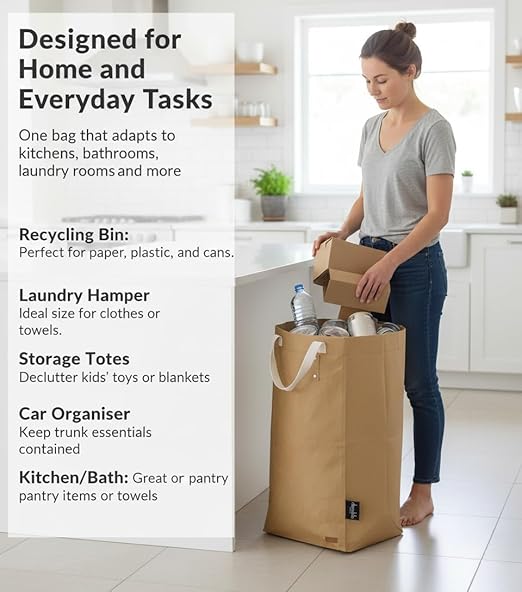 Deeablo New York Sustainable Reusable, Highly Versatile, Washable Paper Bag for Recycling, Multipurpose Recycling Basket, Recycling Bag, Laundry Basket (Brown)