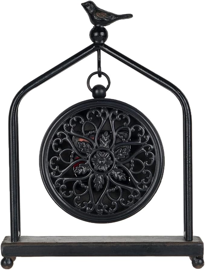 SOFFEE DESIGN 7.5'' x 10'' Mantel Clock Iron Tower Frame, Creative Bird Ornament Tabletop Clock, Silent Clock with Hollow Carved Back Cover for Home Decor, Black