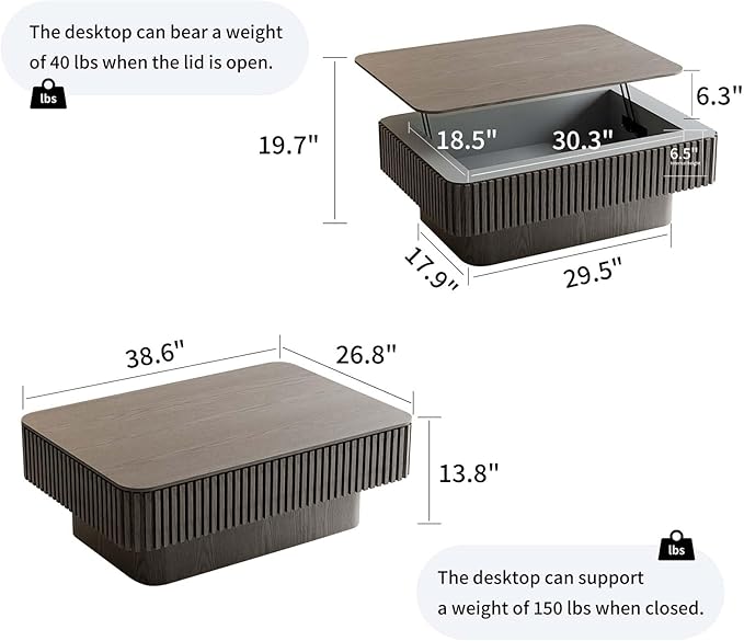 Lift Coffee Table with Storage & Adjustable Height, Rectangle Solid Wood Coffee Table Fluted Center Table Accent Tea Table or Living Room, Apartment, Office (38.6" Grey)
