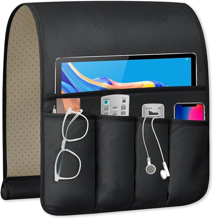 WETRBWEH TV Remote Control Holder Couch Caddy, Non-slip Bedside Caddy Organizer with 5 Pockets for Key Glasses Phone Magazine Holders (Black, 35"x12.4")