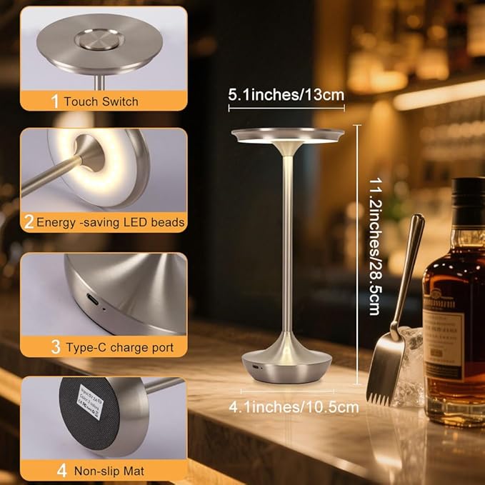 Rechargeable Cordless Table Lamp,Portable Outdoor Battery Operated LED Table Light Touch Control 3 Color Dimmable for Bedroom, Patio, Cofee,Dining Home,Restaurant&Living Room-Silver