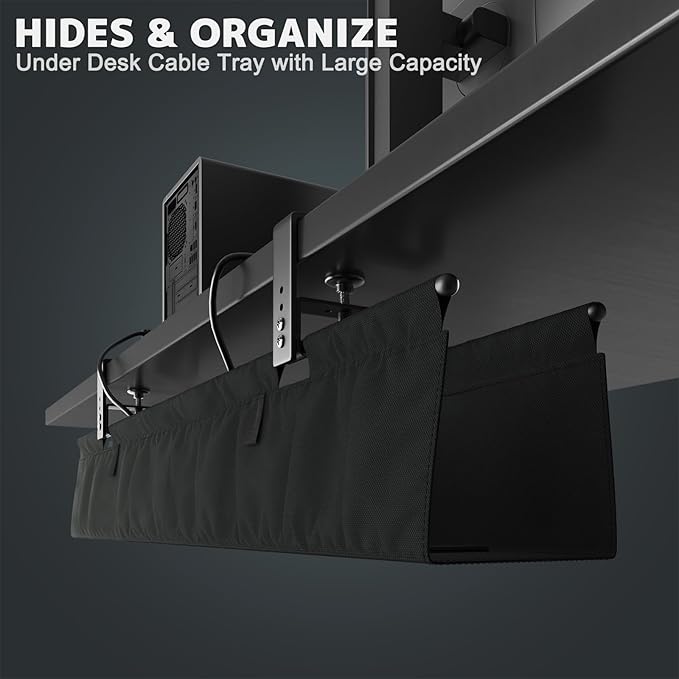 No Drill Under Desk Cable Management Tray - 36" Clamp/Screw Desk Cord Management, Premium Fabric Cable Racyway for Office & Home