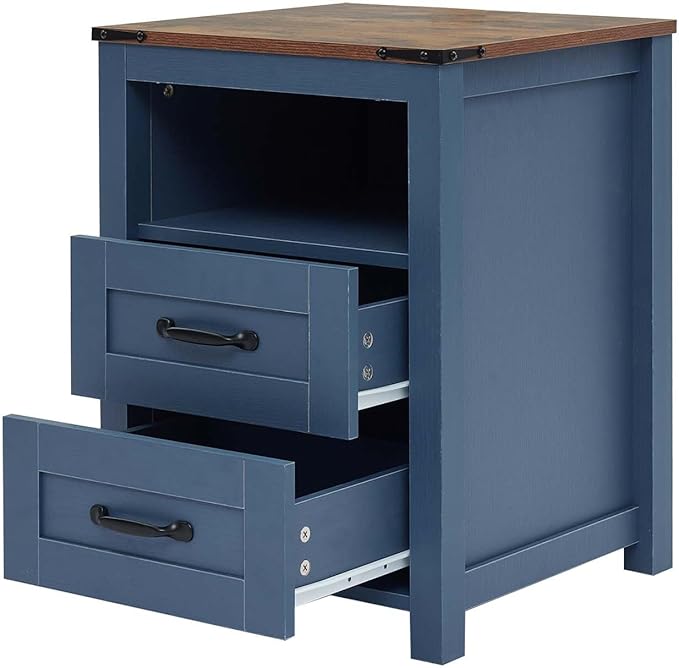 Blue Rustic Night Stand, Farmhouse End Table, Modern Bedside Table with 2 Storage Drawers and Open Shelf, Tall Nightstand for Bedroom
