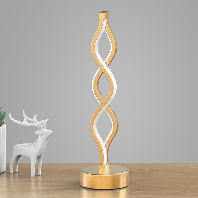 NUÜR Gold Infinity Spiral LED Table Lamp, Lamps for Bedrooms Dimmable Metallic Bedside Lamp with Touch Controller, 3 Colour Temperature, 15.8 Inch Height for Living Room