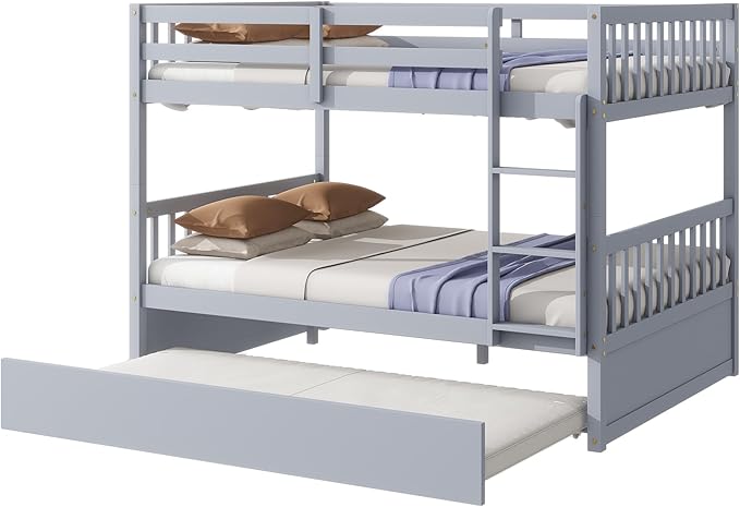 Bellemave Full Over Full Bunk Bed with Trundle,Convertible Bunk Beds with Ladder & Safety Guardrails,Full Size Trundle Bunk Beds for Kids Girls Boys,Light Grey