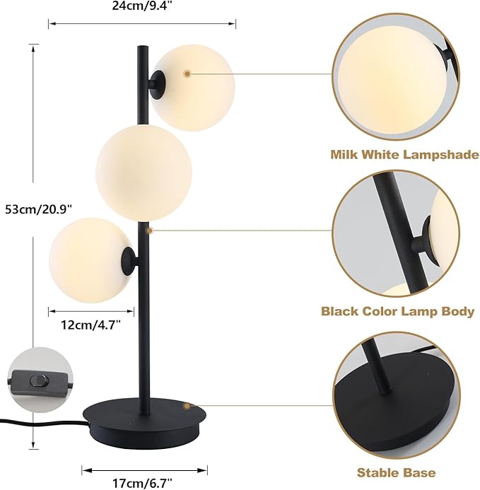 Mid Century Modern Table Lamp, Black Nightstand Lamp, White Glass Globe Desk Lamp, 3 Lights Contemporary Bedside Lamp for Bedroom Living Room Study Room