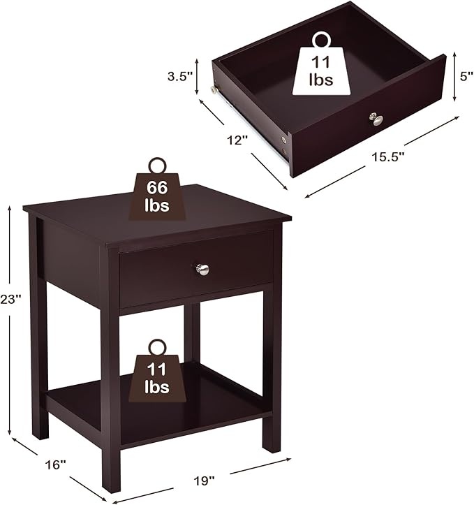 Giantex Nightstand Set of 2, Wood End Table with Drawer and Open Shelf, Night Stand for Small Spaces, 2-Tier Bedside Table for Living Room Bedroom Dorm, Easy Assembly, Brown
