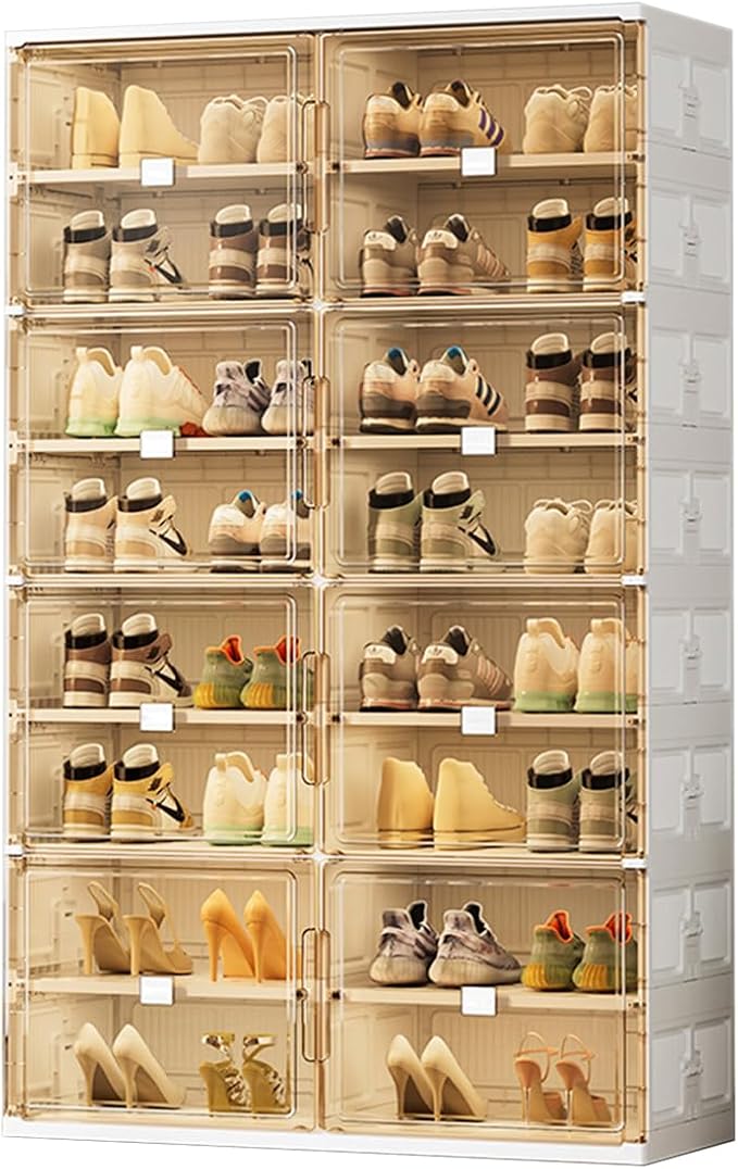 32 Pairs Shoes Storage Cabinet of 3-Step Fast Installation,Plastic Shoe Rack with Clear Magnetic Door for Display, Shoe Organizer for Sneaker, Sandals, Heels (2 Row, 8 Tier)