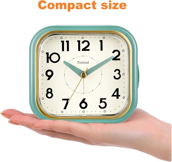4.3" Retro Analog Alarm Clock • Silent Non Ticking • Gentle Wake • Beep Sounds • Increasing Volume • Battery Operated Snooze and Lighted on Demand • Retro Green
