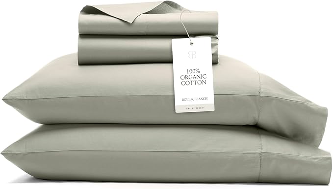 BOLL & BRANCH Signature Hemmed Sheet Set - King, Sageleaf - Luxury 100% Organic Cotton - Includes 1 Flat, 1 Fitted, 2 Pillowcases - Buttery Soft