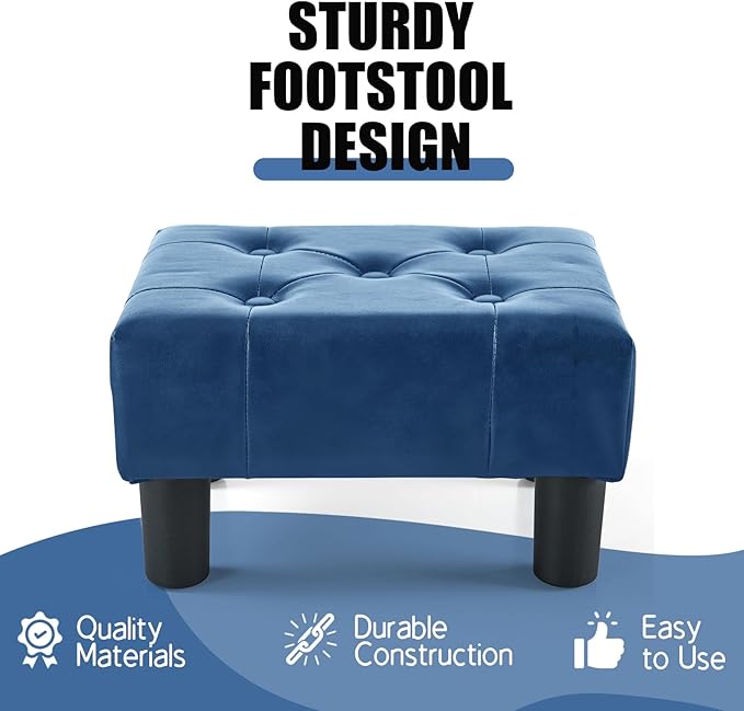 BRIAN & DANY Small Foot Stool, Leather Foot Stools with Legs, Stable Small Footstool for Living Room, Blue