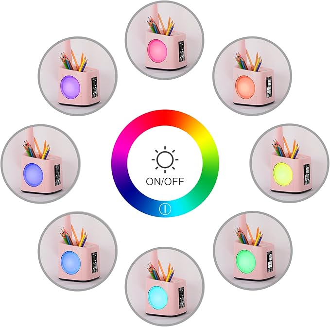 wanjiaone LED Desk Lamp with Clock,Color Changing Nightlight,Study Lamp with Pen Holder,Desk Light with USB Charger,Table Light for Home,Office,Bedroom,Gift for Kids,Students,Women,Pink
