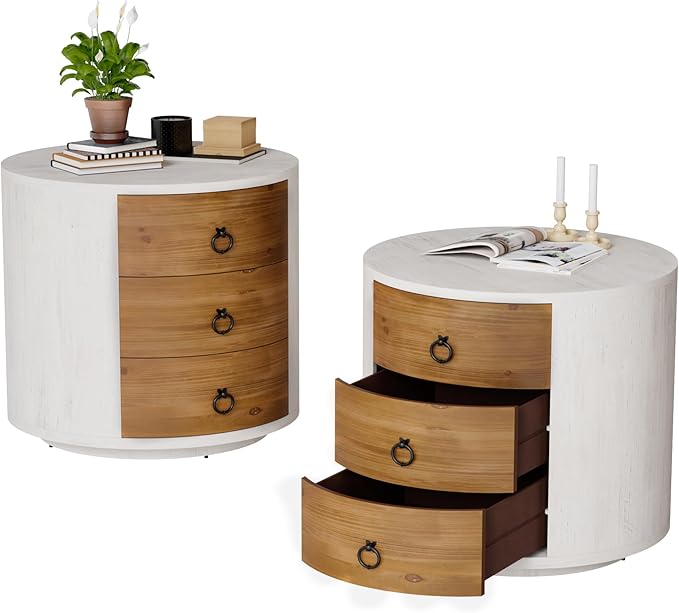 COSIEST Bedside Table Set of 2, Wood Nightstand 3 Drawers, Farmhouse Round End Table with 3 Drawers, Dresser with Drawers for Bedroom, Living Room