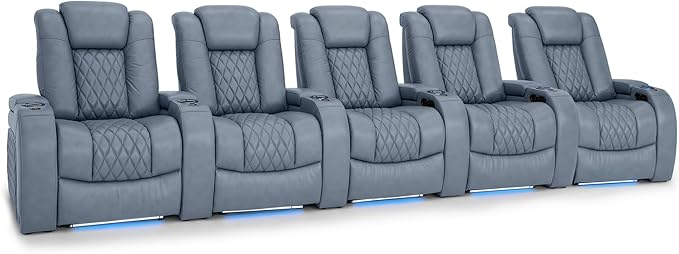 Seatcraft Diamante Zero-Gravity CoolZero Italian Leather Home Theater Seating, Power Headrest, Power Recline, Row of 5, Smokey Blue