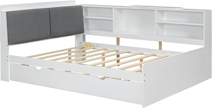 Ball & Cast Full Size Wooden Storage Daybed Frame, Modern Platform Bed with Trundle & Flip Headboard & Shelves, L Shaped Full Floor-Bed w/Upholstered Headboard&Storage, No Box Spring Needed, White