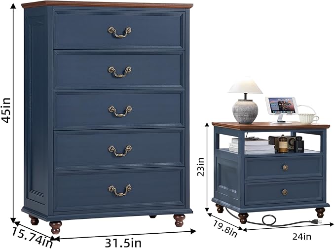 24" Wide Farmhouse Nightstand with Charging Station Set of 2, 45" Tall Rustic Chests of 5 Drawers w/ 4 Solid Wood Feet, Farmhouse Furniture Series for Living Room,Bedroom,DarkBlue