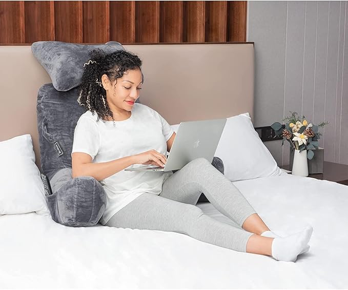 SLIGUY Reading Pillow-Bed Rest Pillow with Detachable Neck Roll & Support Arm for Sitting in Bed Couch or Floor-Backrest Reading Pillow Adult Back Pillow for Reading/Watching TV/Gaming,Dark Grey
