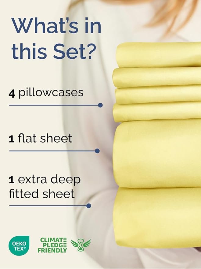 Extra Deep Queen Sheet Set - 6 Piece Breathable & Cooling Sheets - Hotel Luxury Bed Sheets Set - Easy & Secure Fit - Soft, Wrinkle Free & Comfy Sheets Set - Yellow Sheet Set with Extra Deep Pockets