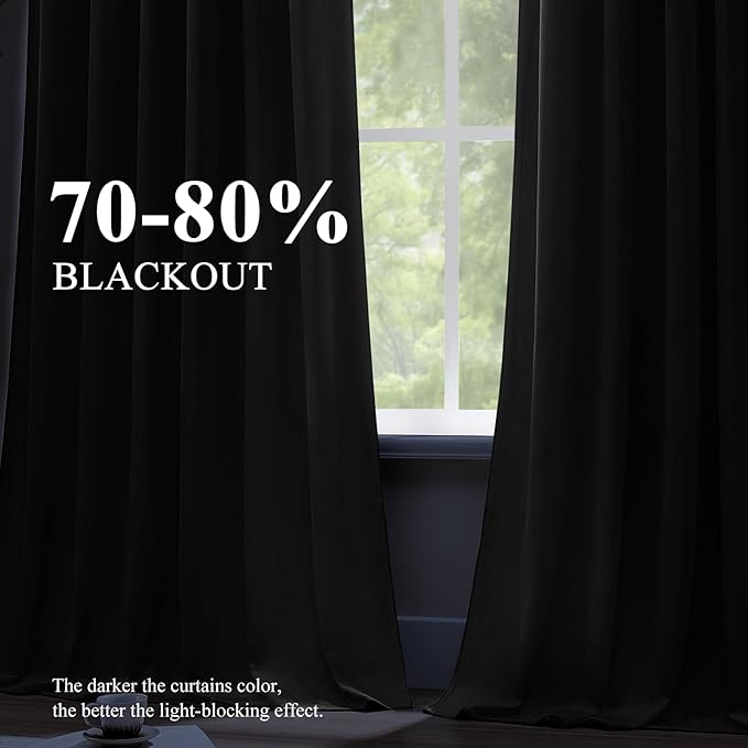 AUSSPVOCT Black Velvet Blackout Curtains 96 Inches for Bedroom, Light Reducing Thermal Curtain Elegant Soft Luxury Room Darkening Window Drapes for Living Room, Back Tab Rod Pocket, W52 x L96, 2 Pcs