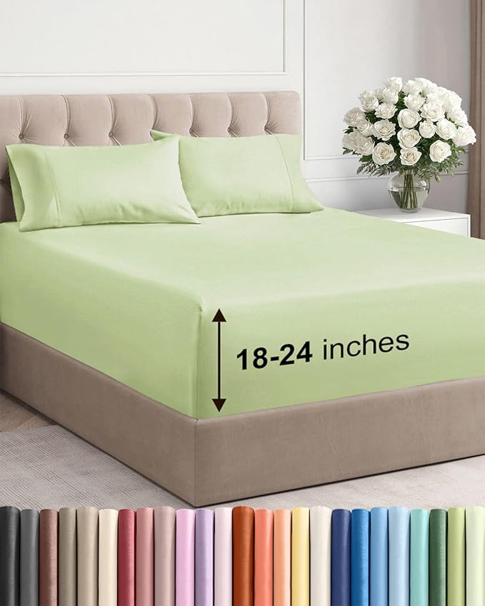 Extra Deep Twin Sheet Set - 4 Piece Breathable & Cooling Sheets - Hotel Luxury Bed Sheets Set - Easy & Secure Fit - Soft, Wrinkle Free & Comfy Sheets Set - Light Sage Sheet Set with Extra Deep Pockets