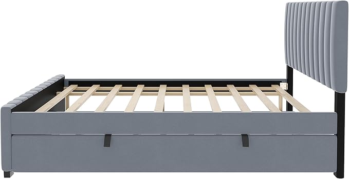 Full Bed Frame with Trundle Bed,Velvet Upholstered Platform Bed Frame,Full Size Trundle Bed with Headboard for Kids Teens Adults(Gray)