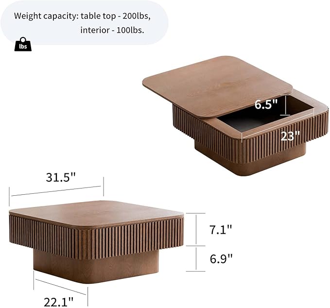 Square Small Coffee Table with Storage, Modern Wooden Coffee Table with Solid Wood Veneered, Fluted Center Table Drum Tea Table for Living Room Apartment, 31.5''L×31.5''W×14''H