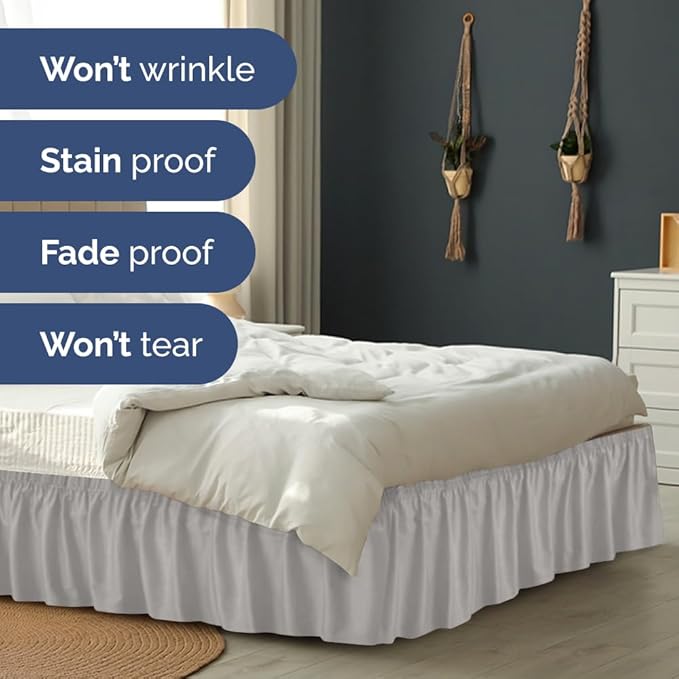 Wrap Around Dust Ruffle Bed Skirt - French Grey - for King Size Beds w/ 12 Inch Drop - Easy Fit Elastic Strap - Adjustable Pleated Bedskirt w/Brushed Fabric - Wrinkle Free, Women, Men, Kids & Teens