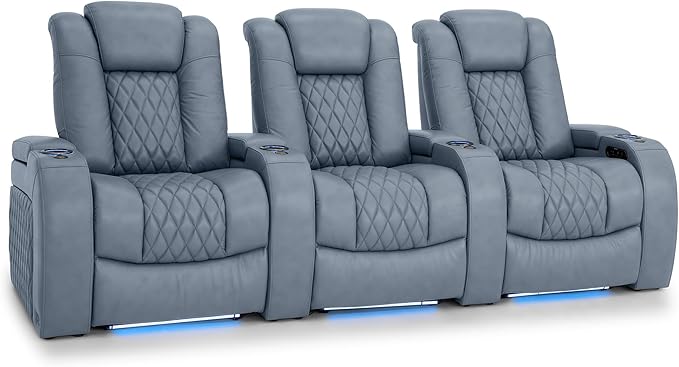 Seatcraft Diamante Zero-Gravity CoolZero Italian Leather Home Theater Seating, Power Headrest, Power Recline, Row of 3, Smokey Blue