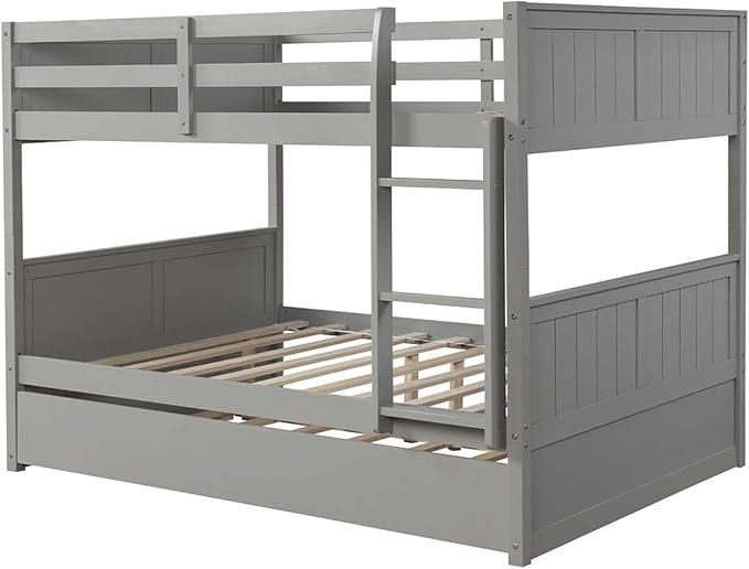 STERXONE Best Thicken Solid Wood Full Over Full Bunk Bed with Trundle, Luxurious Bunk Bed Frame Full Size with Safety Guard Rail and Ladder, Convertible to 2 Beds for Adults, Teens, Kids (Gray)