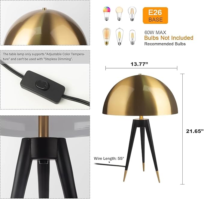 21-inch Tall Metal Table Lamp, Mid Century Side Table Lamp with Retro Gold Dome Shade, 2-Light Black Tripod Desk Lamp for Living Room Bedroom Office Study Room (E26 Base)
