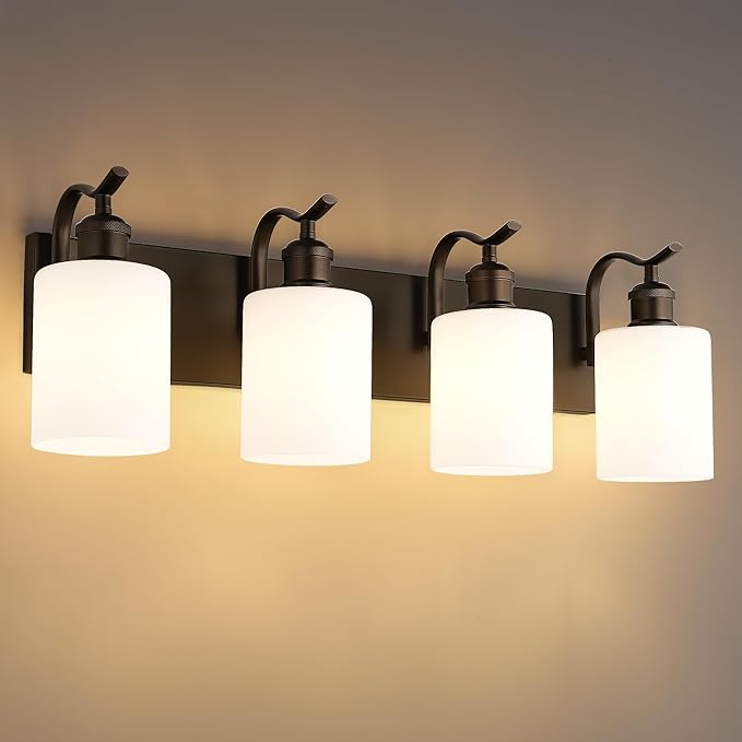 4 Light Bathroom Vanity Light, Morden Bathroom Lighting Fixtures Over Mirror Oil Rubbed Bronze Modern Wall Sconce with Milky White Frosted Shade ZCVL01ORBW-4