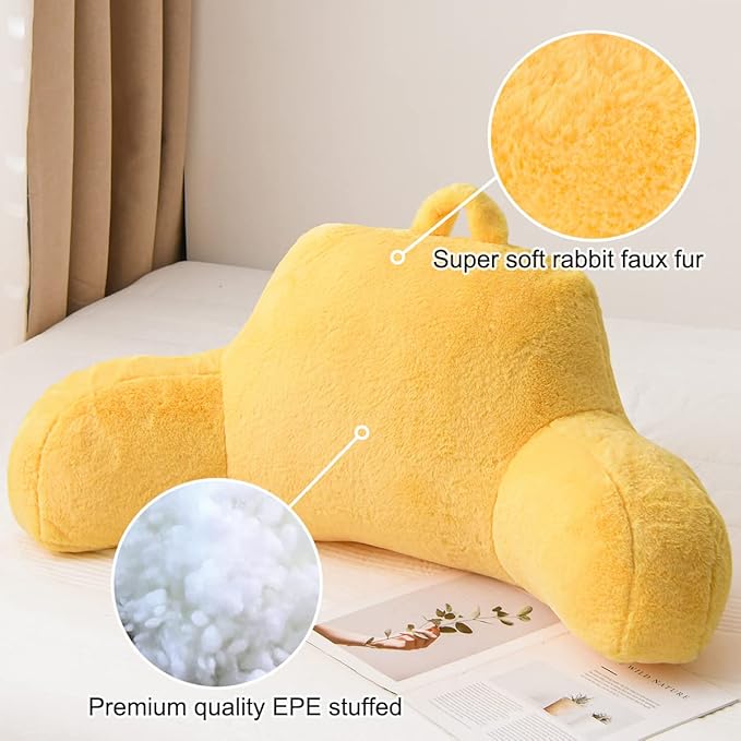 Holawakaka Reading Pillow for Sitting up in Bed Sofa Kids Teens, Backrest Pillow with Arms for Boys Girls Women Petites Pregnancy, Back Support Cushion for Couch Floor Nursery Playroom(Yellow)