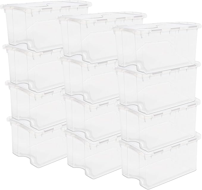 Sterilite 48 Qt Hinged Lid Storage Box, Stackable Bin with Lid, Plastic Container to Organize Home, Office, Basement, Clear with White Lid, 24-Pack