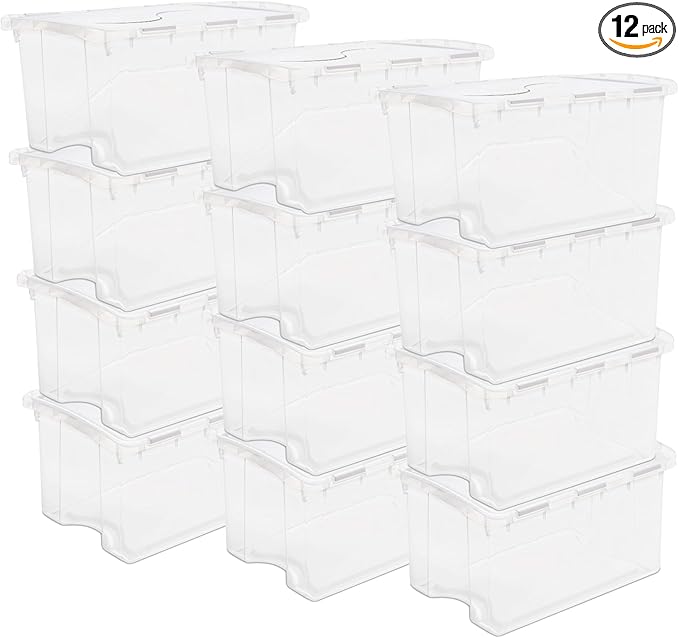 Sterilite 12 Pack Hinged Lid Storage Box, Stackable Organizing Container Bins, 4 Quart, Clear